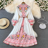 Znbbw Spring Runway Vintage Long Lantern Sleeve Floral Print High Waist Bohemain Dress Elegant Luxury Shirt Party Dress for Women