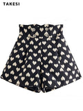 znbbw Summer Street Casual Style High Waist Geometric Print Shorts Women's Harajuku 3D Heart Decoration Loose Fit Pleated Shorts