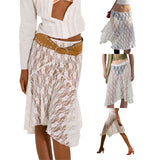Znbbw White See-Through Floral Midi Skirt Sheer Mesh Low Waist Skirt Y2K Fairy Grunge Skirt Aesthetic Fairycore Beachwear