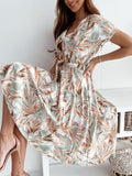 znbbw Ladies Lace-Up Short Sleeve Shirt Beach Dress Women Elegant Midi Party Dress 2023 Summer V-Neck Print Sundress Cover-Ups