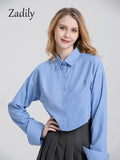 znbbw 2023 Summer Office Lady Long Sleeve Women Cotton Crop Shirt Korea Style Button Up Minimalist Female Tops Work Clothing