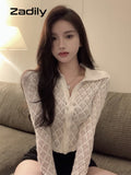 znbbw 2023 Summer Sexy Long Sleeve Lace White Shirt Women Street Style Y2K Button Transparent Crop Tops New Female Clothing