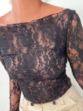 Znbbw Women Y2k Lace Floral Mesh Crop Tops Long Sleeve See Through Tee Shirts Sexy Sheer Going Out Blouse Streetwear