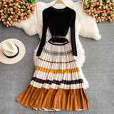 Znbbw Winter Elegant Knitted Patchwork Contrast Color Pleated Dress Women Long Sleeve Office Lady Sweater Dress With Belt