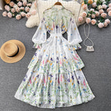 Znbbw New Spring Runway Floral Holiday Chiffon Dress Women's Flare Sleeve Vintage Print Big Swing Multi-Level Cake Long Dress