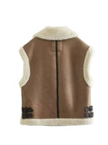Znbbw TRAF 2023 Winter Women Thick Warm Fleece Faux Leather Jacket Sleeveless Waistcoat Coat Ladies Biker Vest Outwear Tops