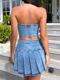 Znbbw Women Blue Denim 2 Piece Skirt Set Sexy Cropped Strapless Tube Top and Pleated Short Skirt Set Summer Party Club Outfits