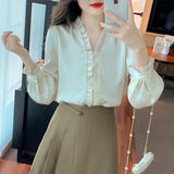 Znbbw Sleeve V-Neck Blouse Women Blusas Mujer De Moda 2023 New Apricot Chiffon Blouse Shirt Women Tops Shirts Blouses Blusa G424