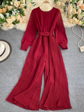 Znbbw Women's Spring Autumn Jumpsuit New Solid Color Round Neck Long-sleeved Pleated Wide-leg Pants Lace Up Thin Jumpsuit LL061