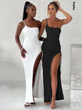znbbw One Shoulder Strap Thigh High Split Maxi Dress For Women Robe Sleeveless Backless Bodycon Sexy Club Party Long Dress