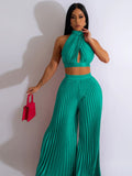 Znbbw Women Pleated Halter Lace Up Sleeveless Pant Suits 2023 Summer New Party Outfits Lady Fashion Top Wide Leg Pants Two Piece Set