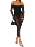 Znbbw See-Through Black Mesh Sheer Cover-ups Bodycon Dress Women Sexy Off-Shoulder Long Sleeve Midi Club Dress Streetwear