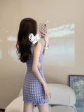 znbbw Purple Plaid Bodycon Dress for Women Waist Hollow Out V- neck Night Party Super Mini Dresses 2023 Summer Vestido Party Club