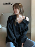 znbbw Oversize One Shouler Black Shirt Women Casual Long Sleeve Button Ladies Blouse 2023 Summer Daily Female Tops Tunic