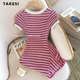 znbbw Women Short Sleeve Round Neck Striped Luxury Sheath Mini Dresses 2023 Summer Patchwork High Waist Slim Fit Knitting Dress