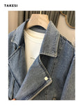 znbbw Jacket For Women Vintage Locomotive Lapel Zippers Jacket Fashion High Street Casual All-match Denim Blazer Coat Streetwear