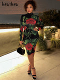 Znbbw Women Long Sleeve Bodycon Streetwear Party Club Floral Midi Dress 2023 Fall Clothing Wholesale Items For Business
