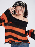 Znbbw Y2k Punk Rock Zipper Sexy Off Shoulder Sweaters Women Gothic Black Grey Stripes Broken Hole Loose Knitted Jumpers