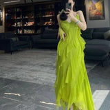 znbbw Summer Fairy Style Backless Patchwork V-neck Green Suspender Dresses Women Beachwear High Waist Chiffon Loose Ruffles Dress