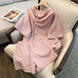 znbbw Shorts Suit hooded Collar Short Ssleeve Zipper Hoodie Top +Hight waist Casual Wide Leg Shorts Two-piece Set 2023 Summer