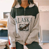 Znbbw Vintage Zip Up Women Sweatshirts Streetwear Letter Printed Hoodies Autumn Long Sleeve Casual Loose Warm Fleece Sweatshirt