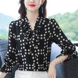 Znbbw Long Sleeve Blouse Blusas Mujer De Moda 2023 Ruffles Bow Collar Dot Black Chiffon Blouse Shirt Women Tops Blouses Blusa G576