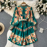 Znbbw Fashion Designer Runway Dress Spring Autumn Women Long Lantern Sleeve Single Breasted Floral Print Belt Mini Dress N2307