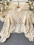 Znbbw 2023 New Fashion Blouse Female Hollow Lantern Sleeve Temperament Blusa Stand-up Collar Slim Short Lace Shirt C342