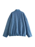 Znbbw TRAF 2023 Women Oversized Bomber Jackets Coat Pockets Vintage Stand Neck Long Sleeves Female Chic Outwears
