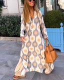 Znbbw Women Casual Geometric Print Dresses Summer Elegant V-neck Long Sleeve Loose Ankle-length Dress Female Holiday Maxi Dress Robe