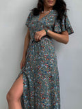 Znbbw French Style Flower Printed Dress Women V-Neck Elegant Lace-up Sundress Summer Elegantes Para Mujer 2023 Maxi Dress Vestido