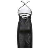 Znbbw robe nightclub Women Suspender Mid-length Dress PU Solid Leather Bandage Backless bodycon Dress