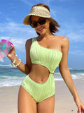 Znbbw Shoulder Swimsuit Sexy Women Green Cut Out Swimwear 2023 New Asymmetrical Textured Swim Bath Suit One Piece Summer Monokini