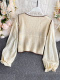 Znbbw Crochet Hollow Embroidery V-neck Long Shirt Female Spring and Autumn Temperament Sweet and Wild Short Girl Blouse UK078