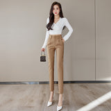 Znbbw Women Harem Pants Spring Autumn Elegant Two Buttons Mid-Waist Formal Office Business Trousers Casual Slim Black Woman Pants