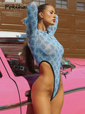 znbbw Fashion Mesh Sheer Sexy Bodycon Bodysuits For Women Letter Print One Piece Long Sleeve Tops High Rise Bodysuits 912
