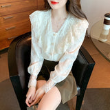 Znbbw Blouse Women Long Sleeve Ruffles V-Neck Lace Blouse Shirt Women Tops Blusas Mujer De Moda 2023 Blouses Shirts Blusa G230