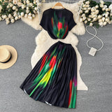 Znbbw Pleated Skirt Suit Vintage Print Stretchy Pullover Tops and Skirt Casual Party Two Piece Set Women Streetwear Outfits