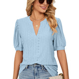 Znbbw Solid Lace Woman Shirt Elegant Hollow Puff Short Sleeve Pullover Blouse Women Casual V-neck Loose Lady Tops Blusas 24698