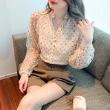 Znbbw Mujer De Moda 2023 Elegantes Long Sleeve Blouse Women V-Neck Dot Blouse Shirt Women Tops Blusa Mujer Shirts Blouses G344