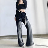 Znbbw Women Straight Baggy Trouser High Waist Vintage Black Washed Casual Wide Leg Jeans Drawstring Fashion Y2K Loose Denim Pants