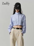 znbbw 2023 Summer Streetwear Long Sleeve Striped Women Cropped Shirt Button Stand Neck Embroidery Ladies Blouse Female Clothing