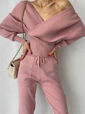 znbbw New Sexy Off Shoulder Knitted Two Piece Set Women Long Sleeve Sport Tracksuit 2 Piece Sweater Pants Suits Matching Sets