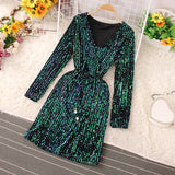 Znbbw Spring Autumn Women's Sequin V-neck Dress Long Sleeve Dress New Temperament Slim Sexy Party Dress Bottoming Dress Y245