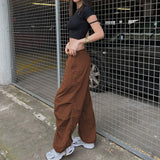 Znbbw Women Casual Y2K Baggy Trousers Streetwear Punk Vintage Chic Solid Joggers Loose Drawstring Low Waist Cargo Pants Sweatpants