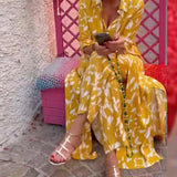 znbbw Casual Chic Print Yellow Outfits Streetwear Lapel Long Shirt Women Two Piece Set Retro Single-Breasted Shirts+Trousers Suit