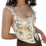 Znbbw New Women Sexy Bodycon Tank Tops Waist French Camisole Flower Print U-Neck Cross Strappy Girdle Bustiers Corsets