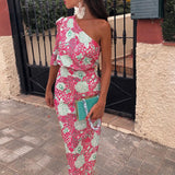 znbbw Women Sexy Backless Banquet Dress Spring Summer Fashion Print Lady Party Dress Elegant One Shoulder Puff Sleeve Slim Long Dress