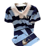 znbbw Women Blue Short Sleeve Split T-shirt Dress 2023 Summer Loose Mid-length Over-knee Stripe Splicing Lace Neck One Piece Dress