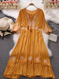 Znbbw Spring Summer Ethnic Style Waist Slim Embroidery O-neck Dress Female Red Seaside Holiday Bohemian Dress Women GD699